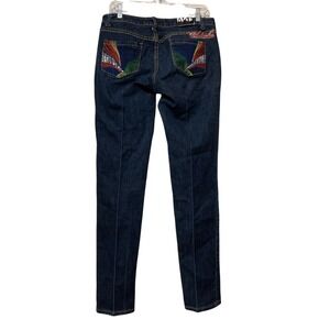 AKDMKS Womens Embroidered Rhinestone Back Pocket Dark Wash Slim Jeans Size 9 Y2K